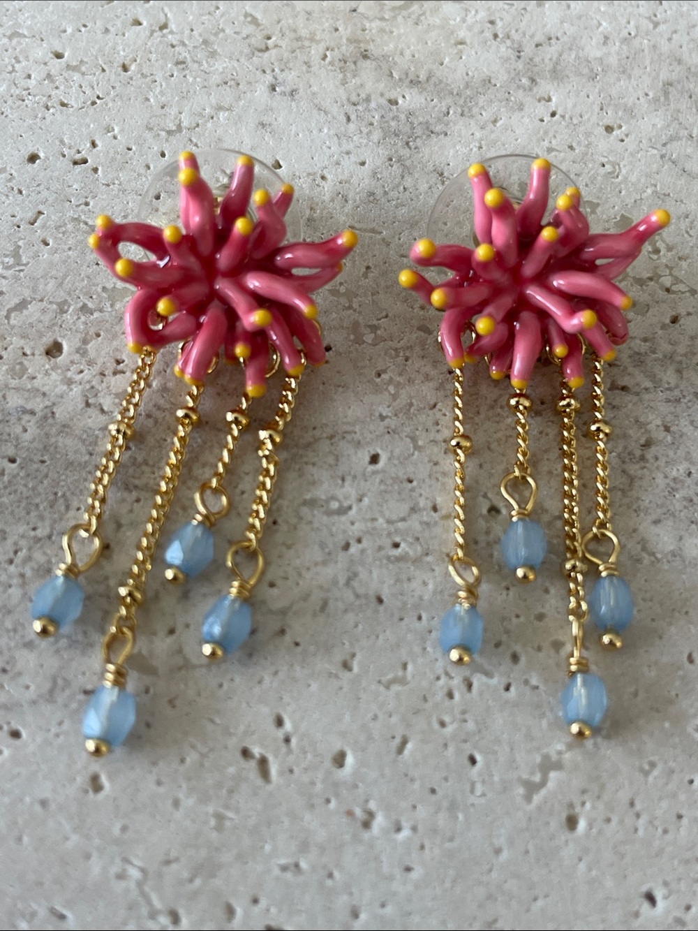 Gold-Chain Pink Coral Cluster Drop Earrings with Light Blue Bead Fringe